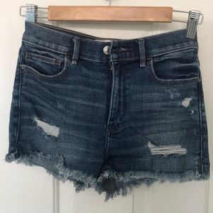 A&F dark wash ripped high waist denim shorts